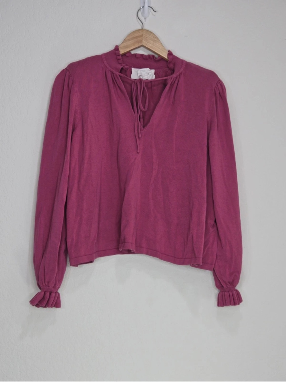 ba&sh Sisol Sweater Puff Sleeves Tie Neck Feminine Ruffles Magenta Size 1/ 4 US